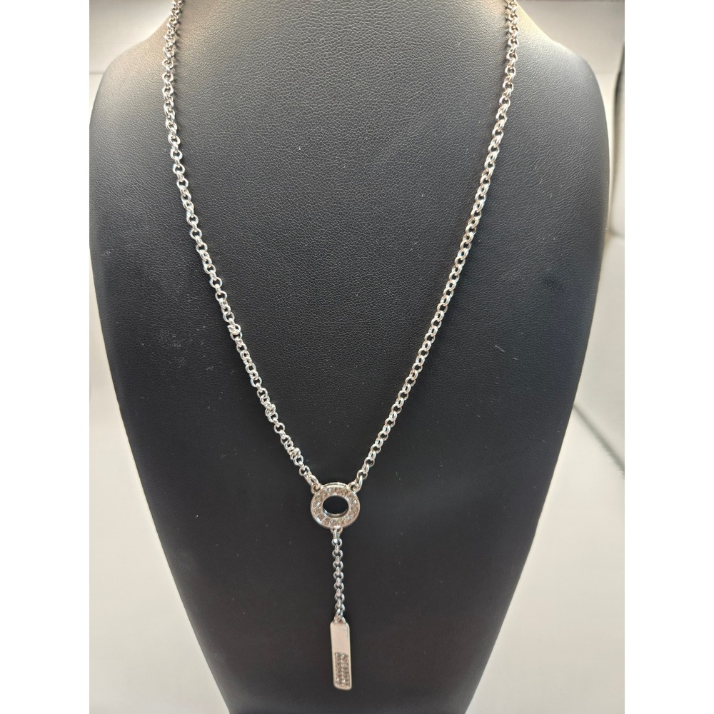 Silver Tone Crystal Pave Circle and Bar Lariat Necklace with X Charm Extender